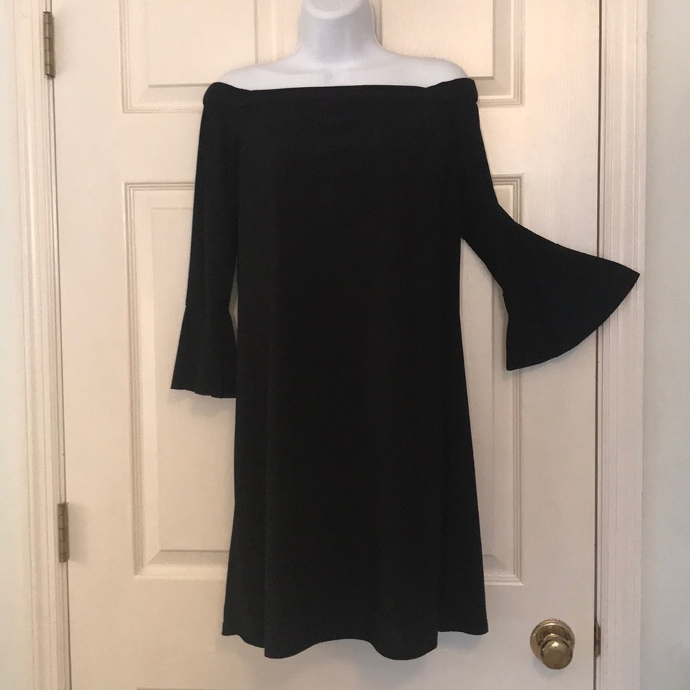 Black dress with bell cuffs & off shoulder detail